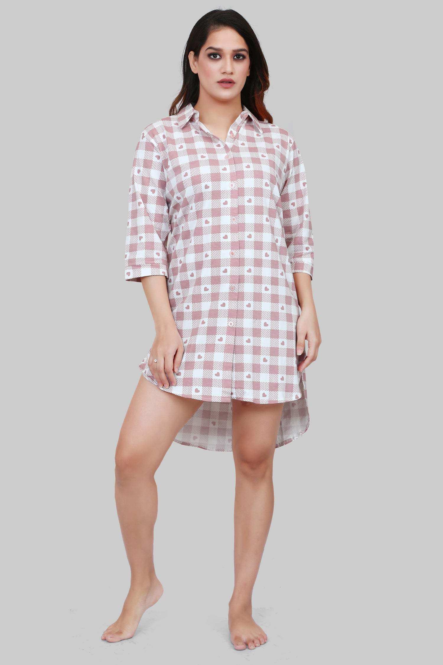 Velure Checked Brown Heart Print Short Night Shirt - Velure - - 3/4 Sleeves, Collar Neck, Cotton, Front Button Open, k, Knee Length