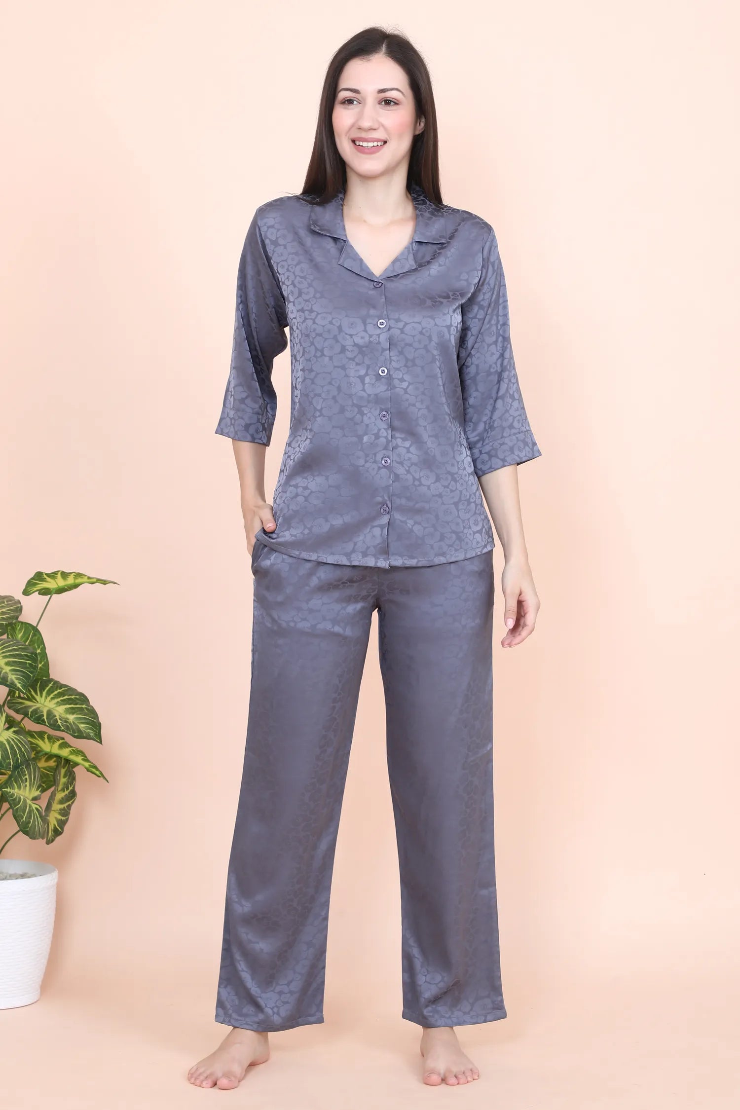Velure Tropical Floral Print Satin Night Suit - Velure - - 3/4 Sleeves, Collar Neck, Front Button Open, Full Length Pant, Printed, Satin
