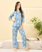 Velure Engaging Floral Print Satin Night Suit - Velure - - 3/4 Sleeves, Collar Neck, Floral Print, Front Button Open, Full Length Pant, Satin