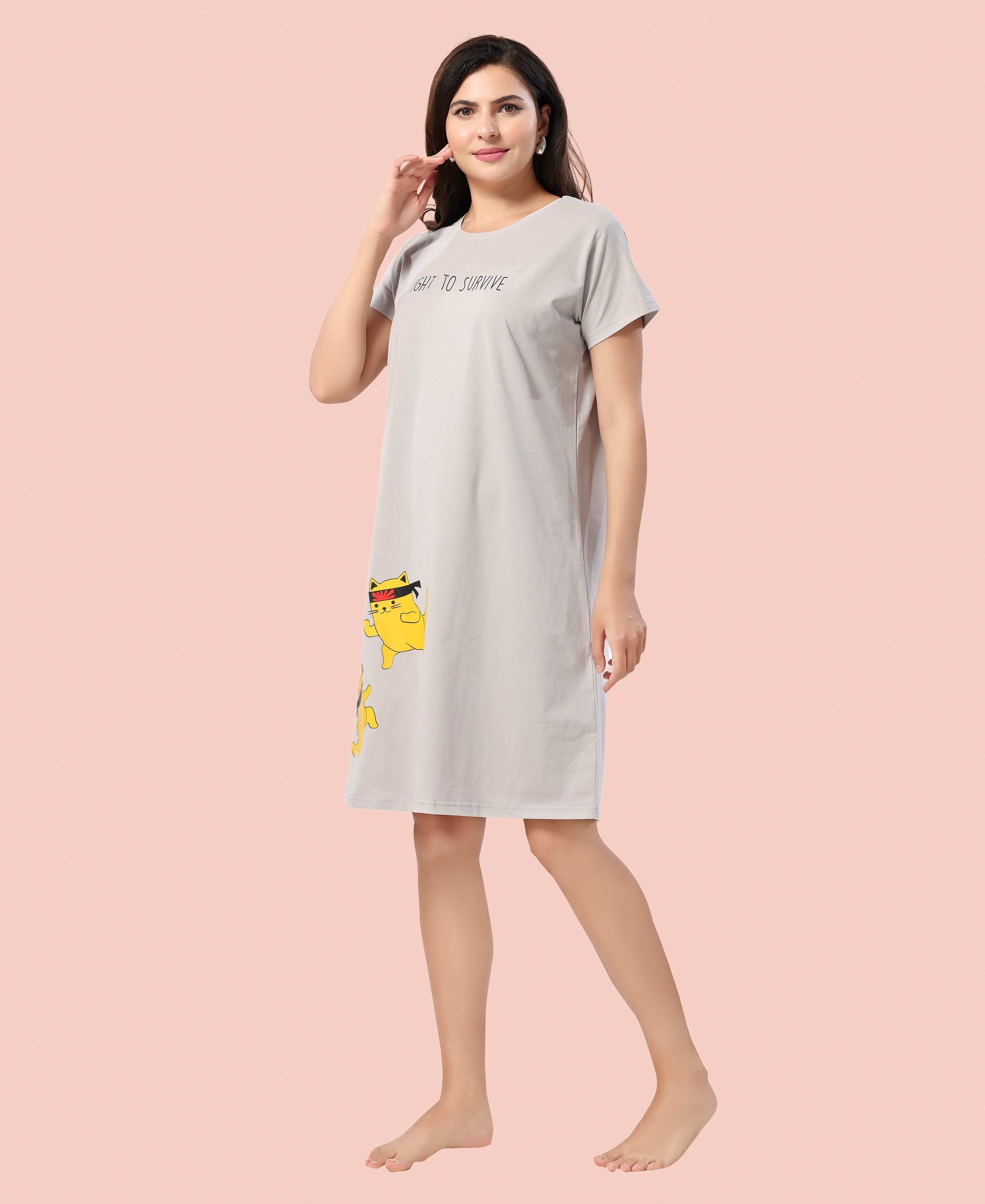 Velure Fusion Short Nighty - Velure - - Cotton, Half Sleeves, Knee Length, Printed, Round neck