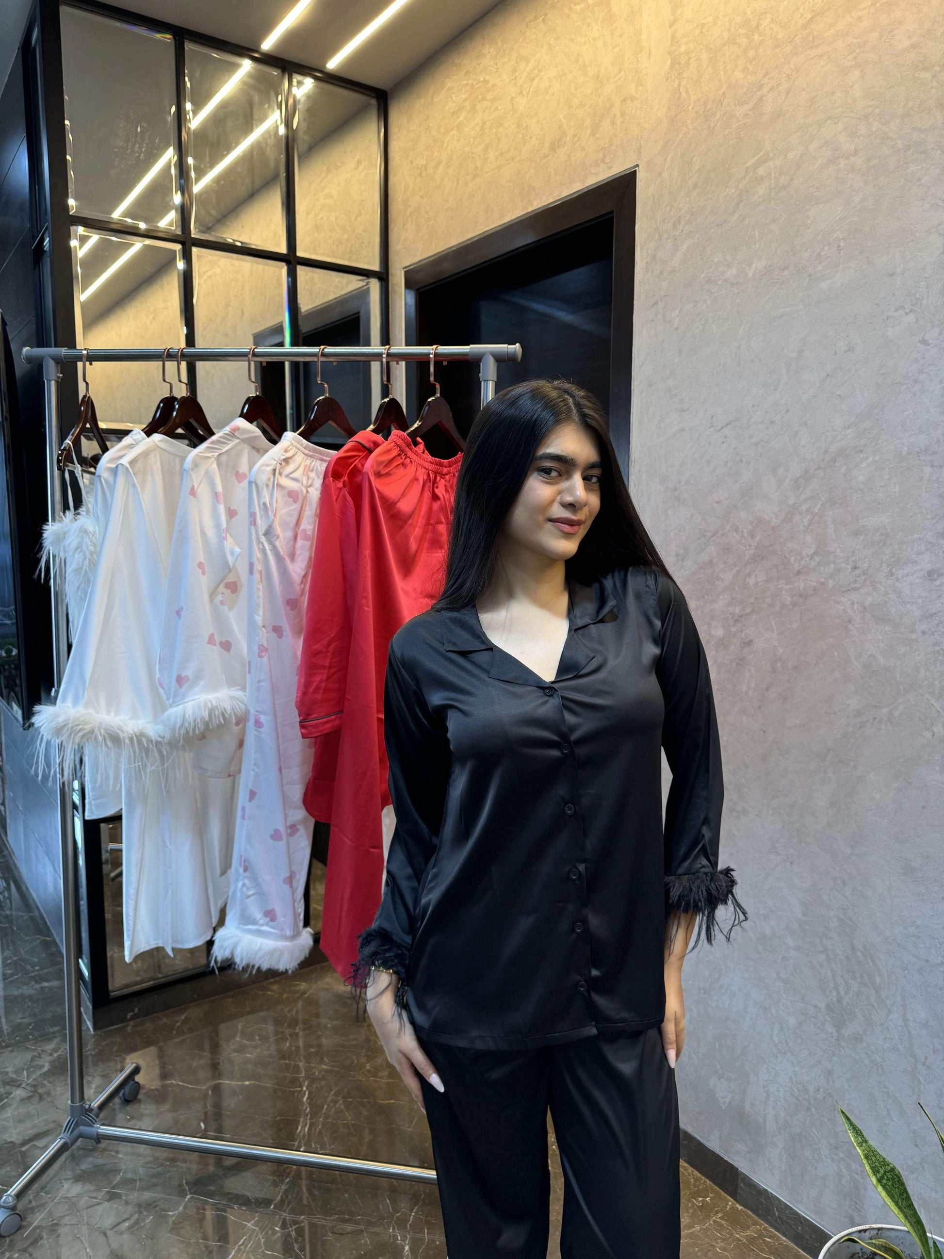 Velure Majestic Black Fur Night Suit - Velure - Shirt and Pant - Collar Neck, Front Button Open, Full Length Pant, Full Sleeves, Fur, Satin