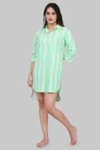 Velure Classic Green Stripes Short Night Shirt - Velure - - 3/4 Sleeves, Collar Neck, Cotton, Front Button Open