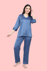 Velure Blue Polka Dot Satin Night Suit - Velure - Shirt and Pant - 3/4 Sleeves, Collar Neck, Front Button Open, Full Length Pant, Polka Dot, Satin