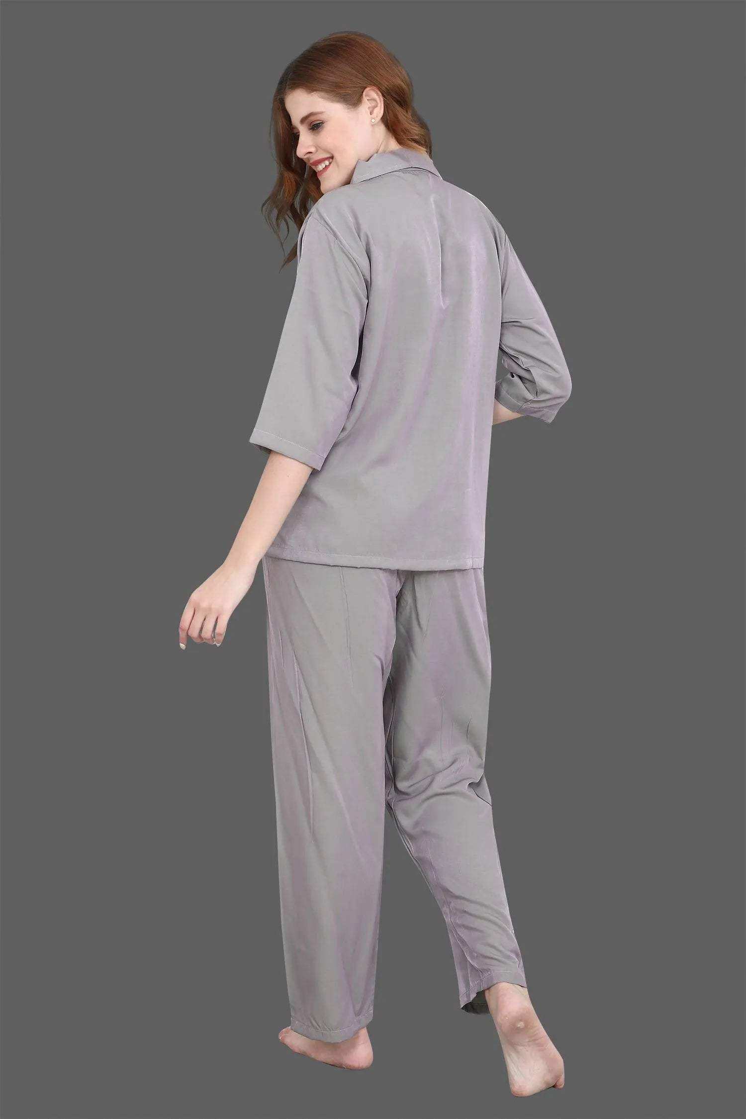 Velure Solid Grey Casual Co-ord Set - Velure - - 3/4 Sleeves, Collar Neck, Cotton, Front Button Open, Full Length Pant