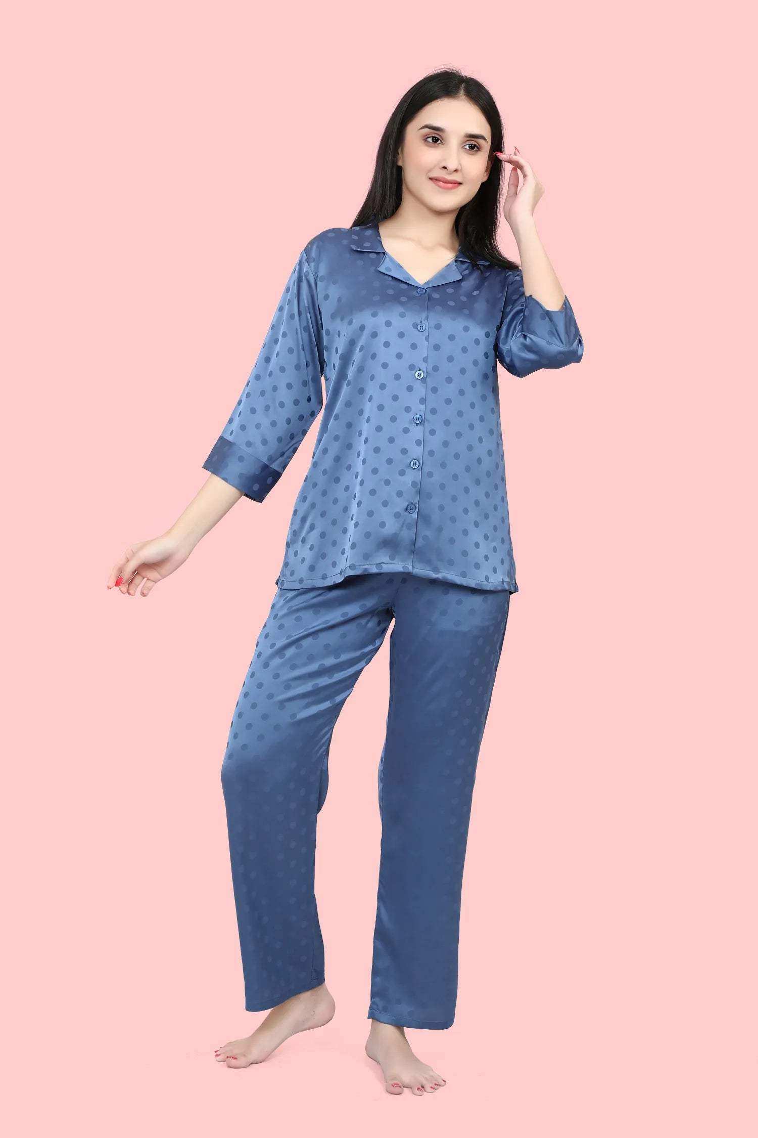 Velure Blue Polka Dot Satin Night Suit - Velure - - 3/4 Sleeves, Collar Neck, Front Button Open, Full Length Pant, Polka Dot, Satin