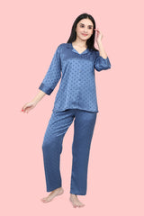 Velure Blue Polka Dot Satin Night Suit - Velure, , Revamp your nightwear selection with the distinguished Velure Blue Polka Dot Satin Night Suit. This exquisite night suit is made from premium satin material, providing a tranquil and snug feeling against your skin. The polka dot pattern adds a delightful touch. It effortlessly merges style and relaxation, making it an essential addition to your sleepwear assortment.