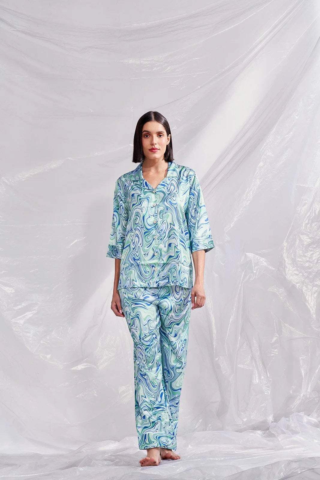 Velure Tellus Swirl Print Satin Co-ord Set - Velure - Shirt and Pant - 3/4 Sleeves, Abstract Print, Collar Neck, Front Button Open, Full Length Pant, Satin
