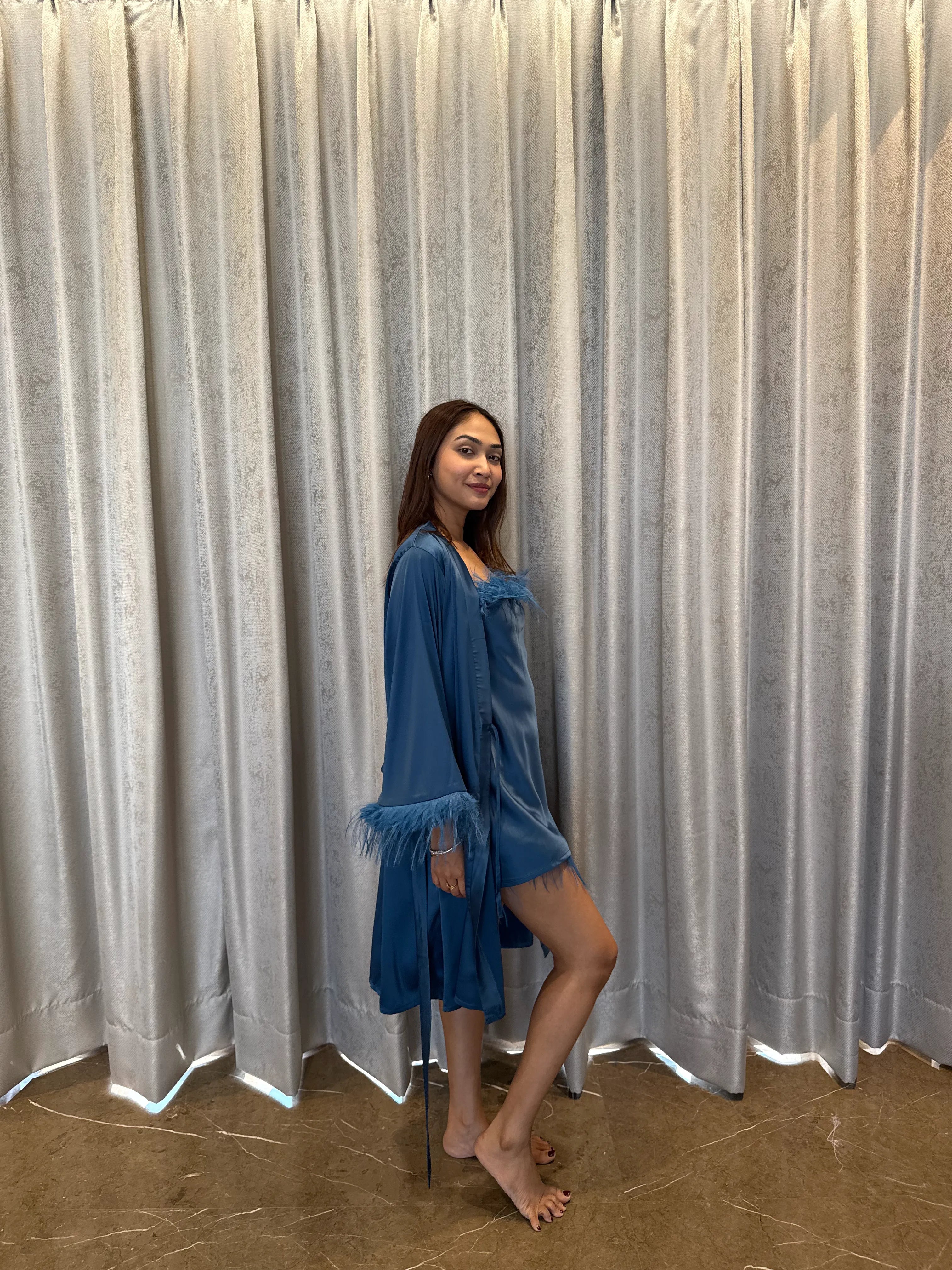 Velure Satin 3 Piece Peacock Blue Robe Set