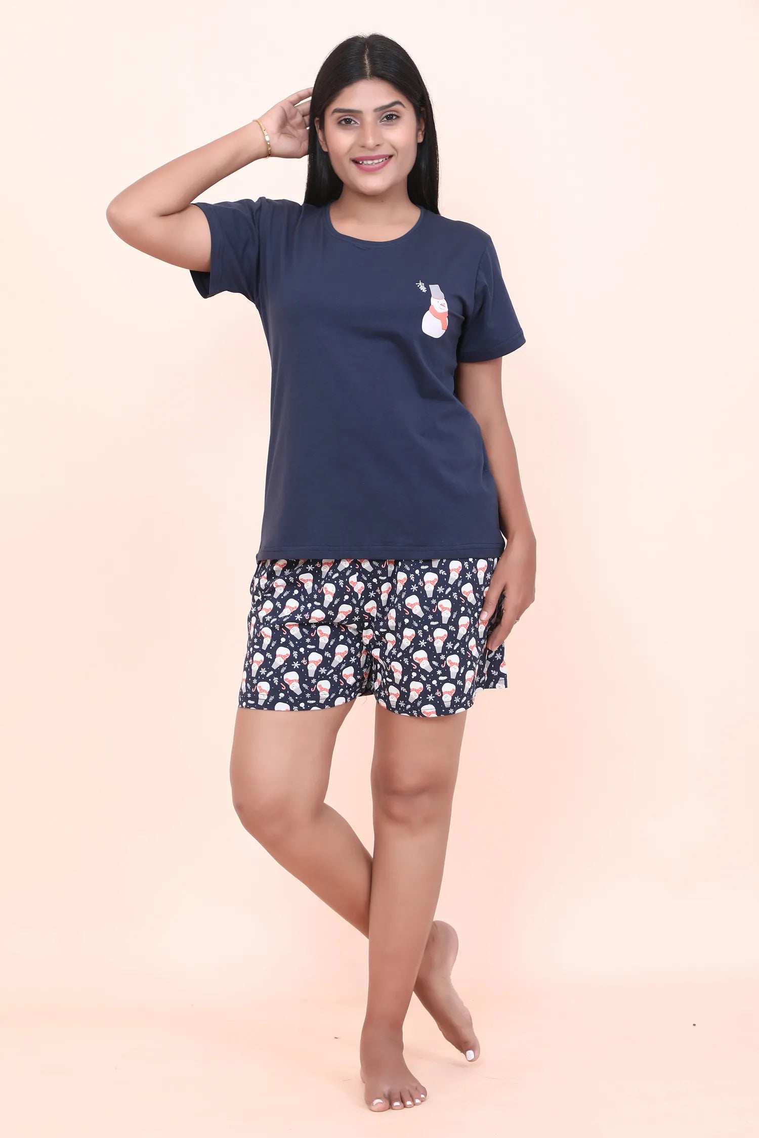 Velure Embellished Snowman Printed Shorts Set - Velure - - Cotton Lycra Fabric, Half Sleeves, Printed, Round neck