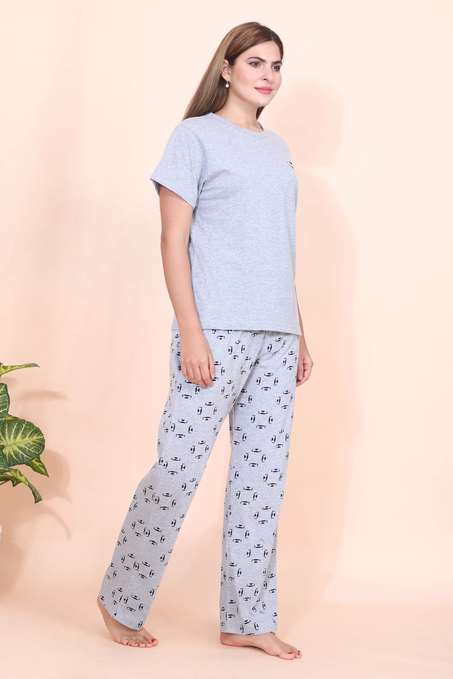 Velure Stylish Grey Printed Pajama Set