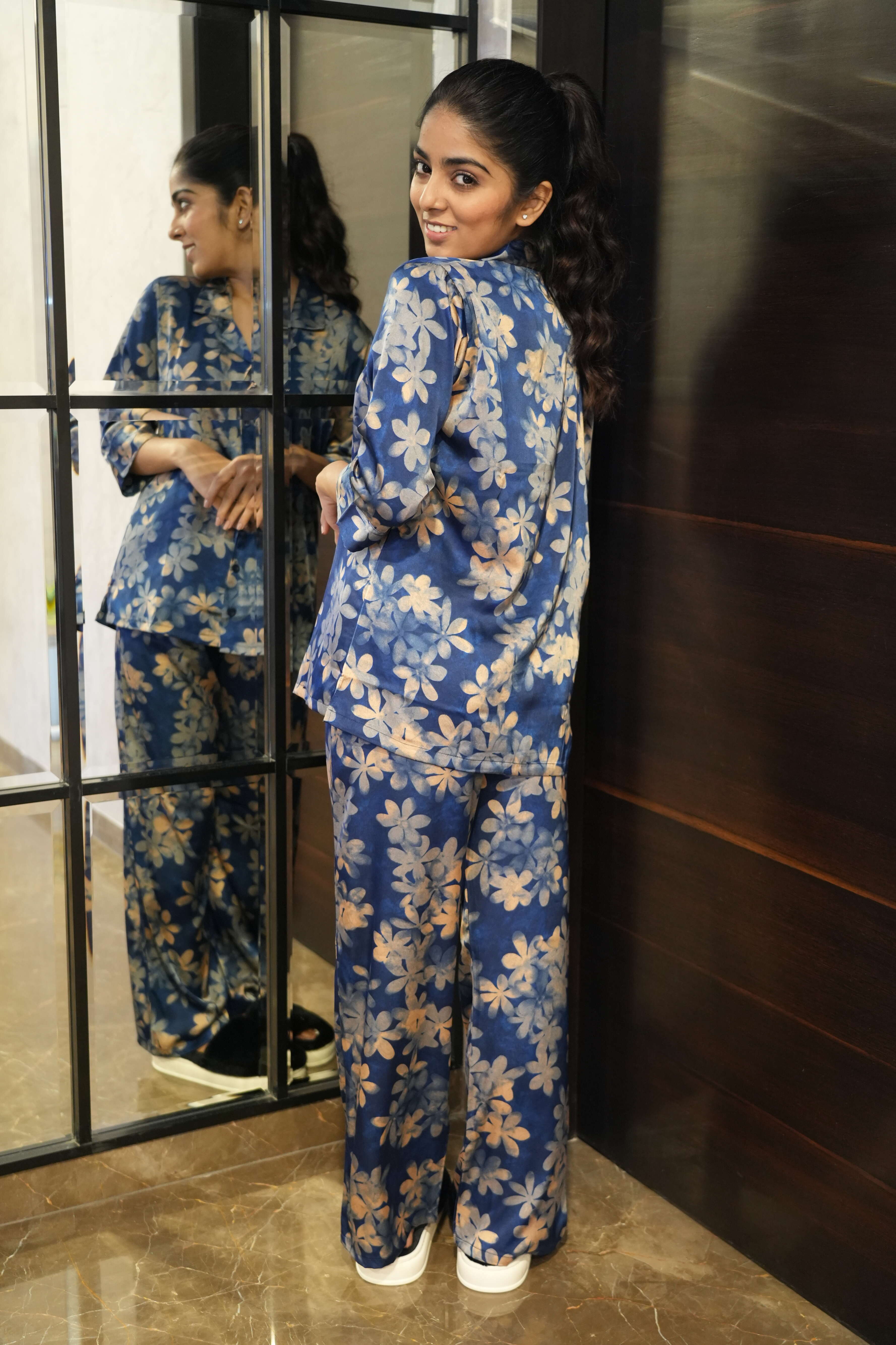 Velure Royal Floral Print Night Suit - Velure - Shirt and Pant - 3/4 Sleeves, Collar Neck, Floral Print, Front Button Open, Full Length Pant, Satin