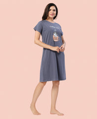 Velure Vibrant Coffee Time Short Nighty - Velure - - Cotton, Knee Length, Printed, Round neck