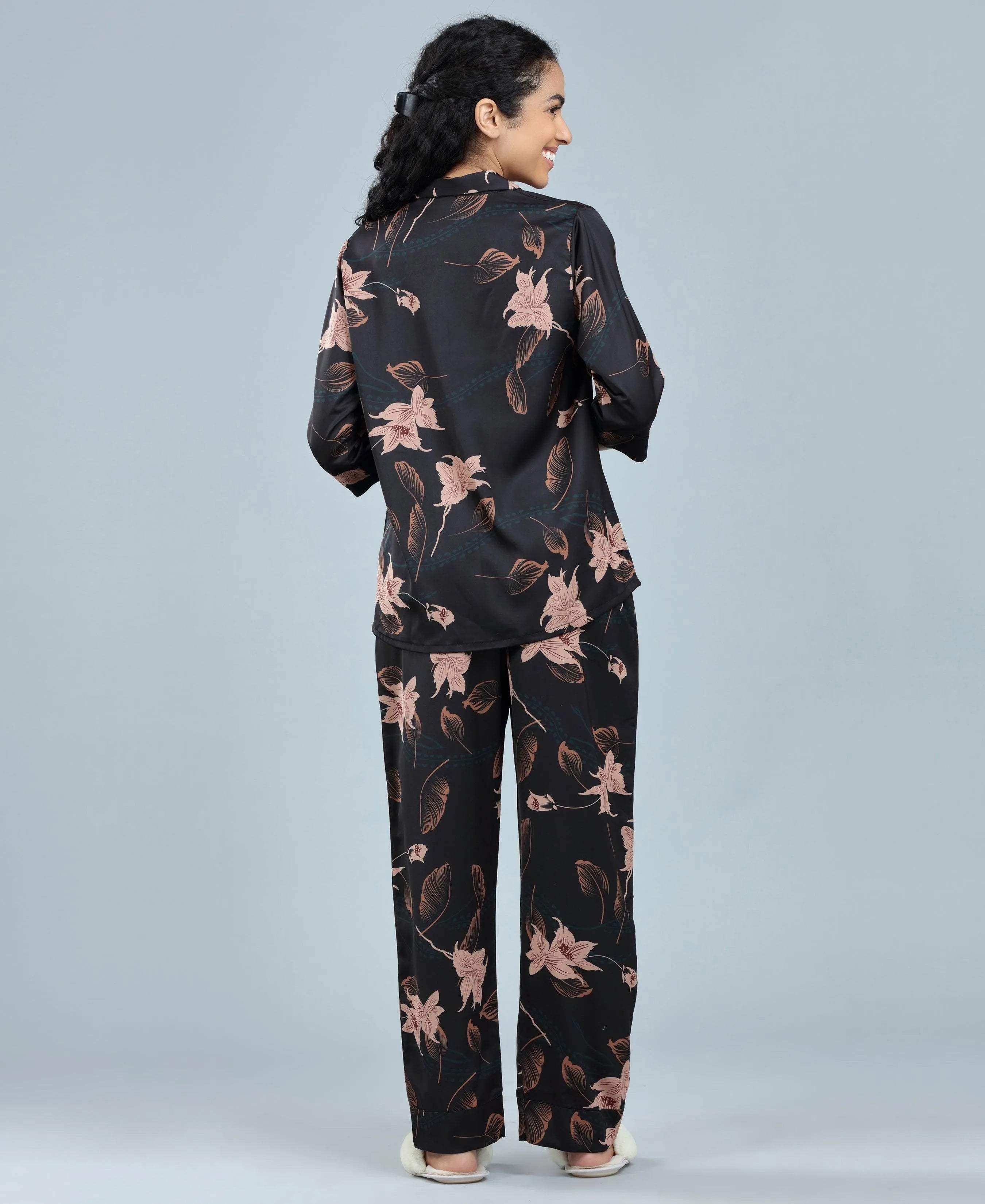 Velure Beautiful Floral Satin Print Night Suit - Velure - - 3/4 Sleeves, Collar Neck, Floral Print, Front Button Open, Full Length Pant, Satin