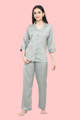 Velure Houndstooth Satin Print Night Suit - Velure - - 3/4 Sleeves, Collar Neck, Front Button Open, Full Length Pant, Satin