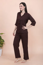 Velure Brown Roses Textured Print Satin Night Suit