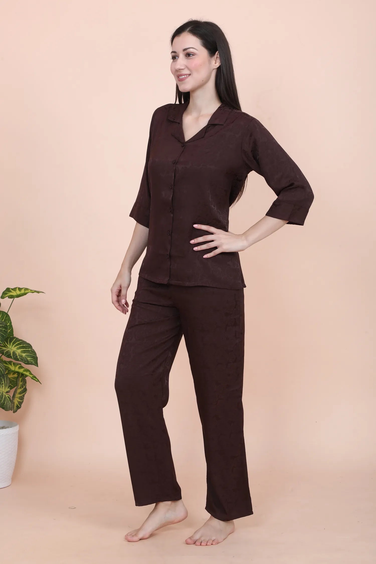 Velure Brown Roses Textured Print Satin Night Suit