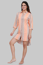 Velure Classic Orange Stripes Short Night Shirt - Velure - - 3/4 Sleeves, Collar Neck, Cotton, Front Button Open