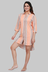 Velure Classic Orange Stripes Short Night Shirt - Velure, Night Shirt, Discover a comfortable and stylish night's sleep with the Velure Classic Orange Stripes Short Night Shirt. This knee-length garment features a collar, front button placket, and half sleeves for a blend of fashion and relaxation. The elegant stripes design adds a refined touch to this sleek nightgown. Order now for ultimate comfort.