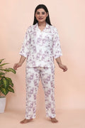 Velure Fascinating Floral Print Satin Night Suit - Velure - - 3/4 Sleeves, Collar Neck, Floral Print, Front Button Open, Full Length Pant, Satin