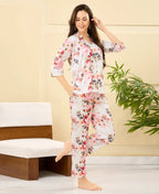 Velure Inspired Ethnic Floral Print Night Suit - Velure - - 3/4 Sleeves, Collar Neck, Floral Print, Front Button Open, Full Length Pant, Satin