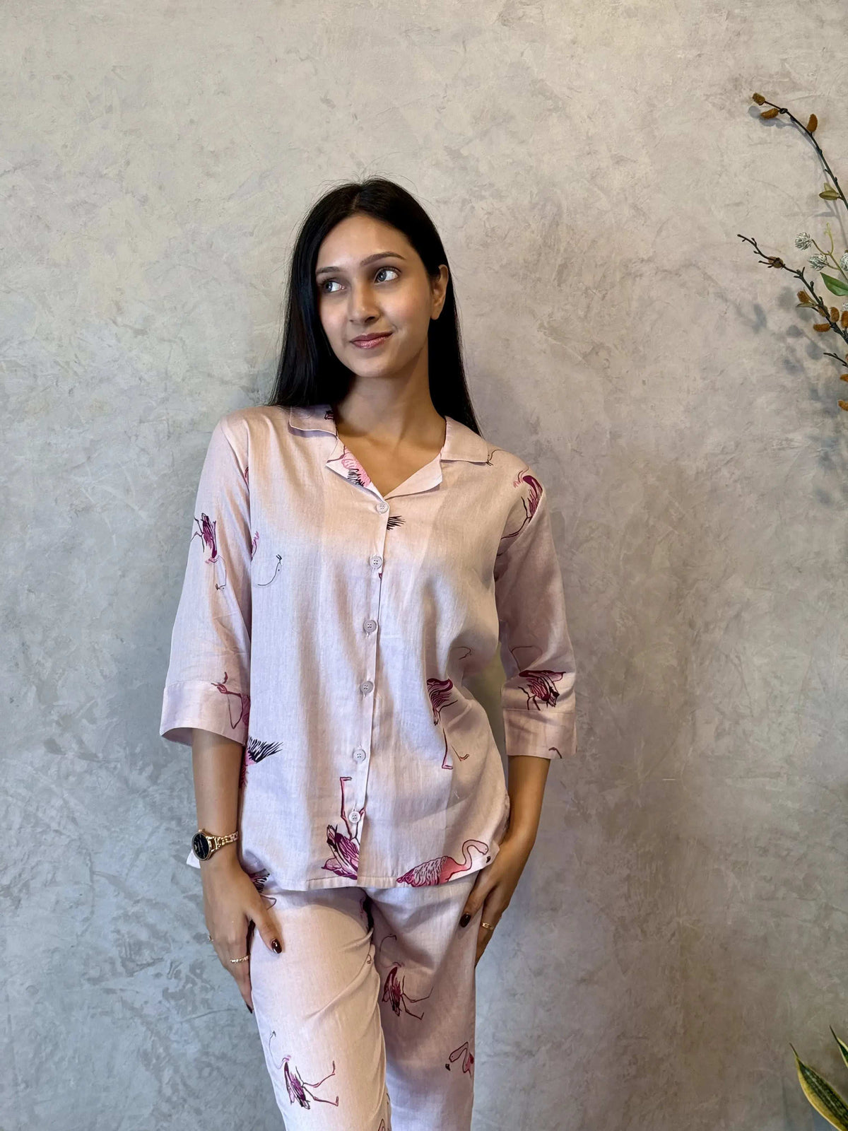 Velure Adorable Pink Flamingo Print Cotton Night Suit