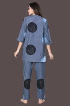Velure Dazzling Polka Dot Print Kurti Style Night Suit - Velure - - 3/4 Sleeves, Collar Neck, Full Length Pant, Linen, Printed