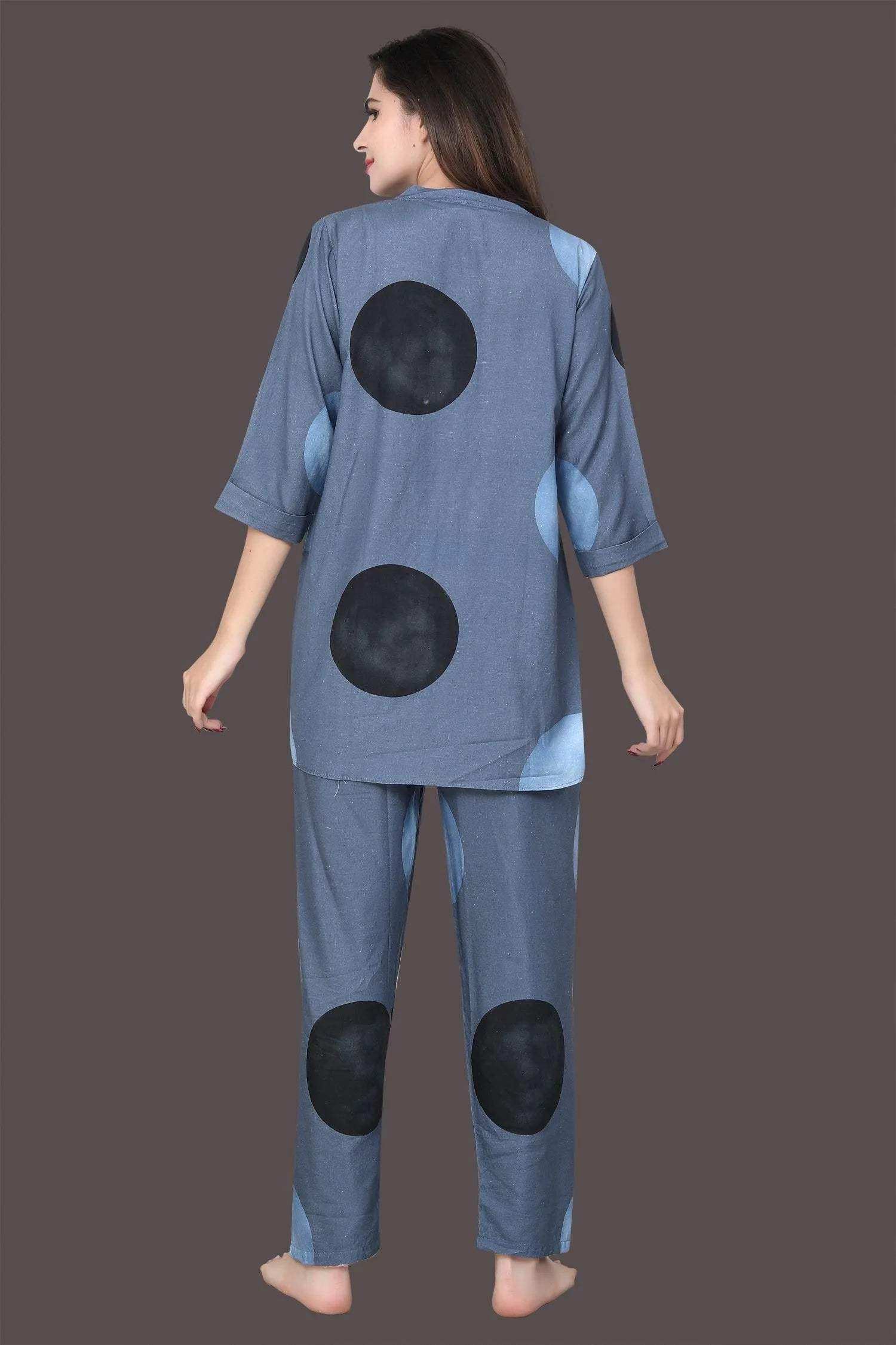 Velure Dazzling Polka Dot Print Kurti Style Night Suit - Velure - - 3/4 Sleeves, Collar Neck, Full Length Pant, Linen, Printed