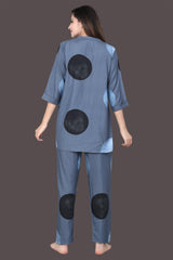 Velure Dazzling Polka Dot Print Kurti Style Night Suit - Velure - Long Top and Pant - 3/4 Sleeves, Collar Neck, Full Length Pant, Linen, Printed