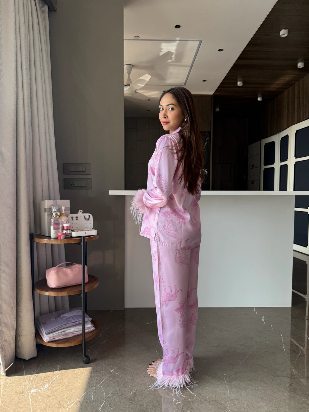 Velure Trendy Cheetah Print Satin Sleepwear Set - Velure - - 3/4 Sleeves, Collar Neck, Front Button Open, Full Length Pant, Printed, Satin