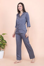 Velure Tropical Floral Print Satin Night Suit - Velure - - 3/4 Sleeves, Collar Neck, Front Button Open, Full Length Pant, Printed, Satin