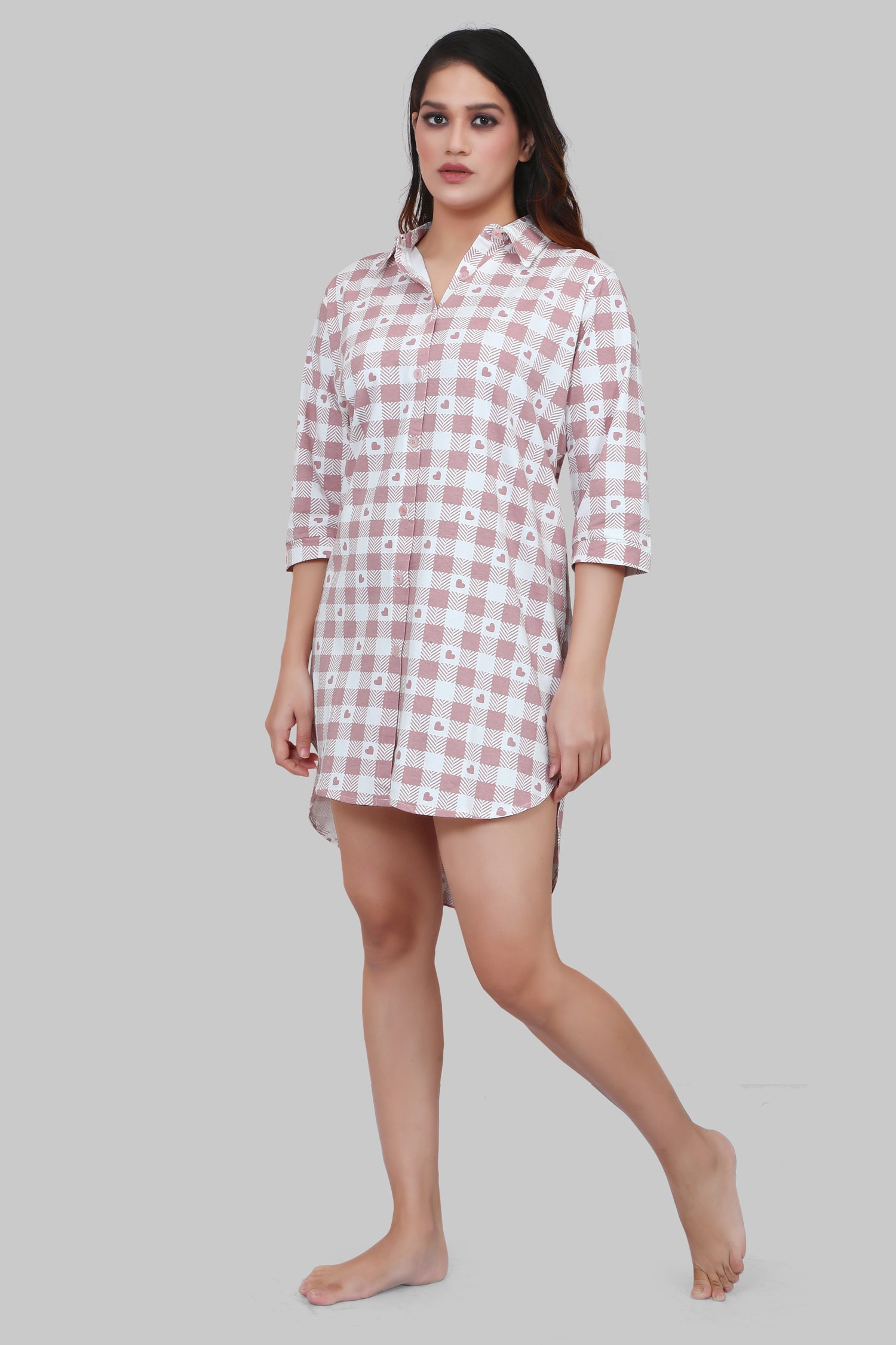 Velure Checked Brown Heart Print Short Night Shirt - Velure, , Discover unparalleled comfort with the Velure Checked Brown Heart Print Short Night Shirt. Designed with a collar, front button placket, and half sleeves, this knee-length shirt ensures a comfortable and peaceful night's rest. The elegant stripes pattern adds a touch of sophistication. Place your order now for a guaranteed night of comfort.