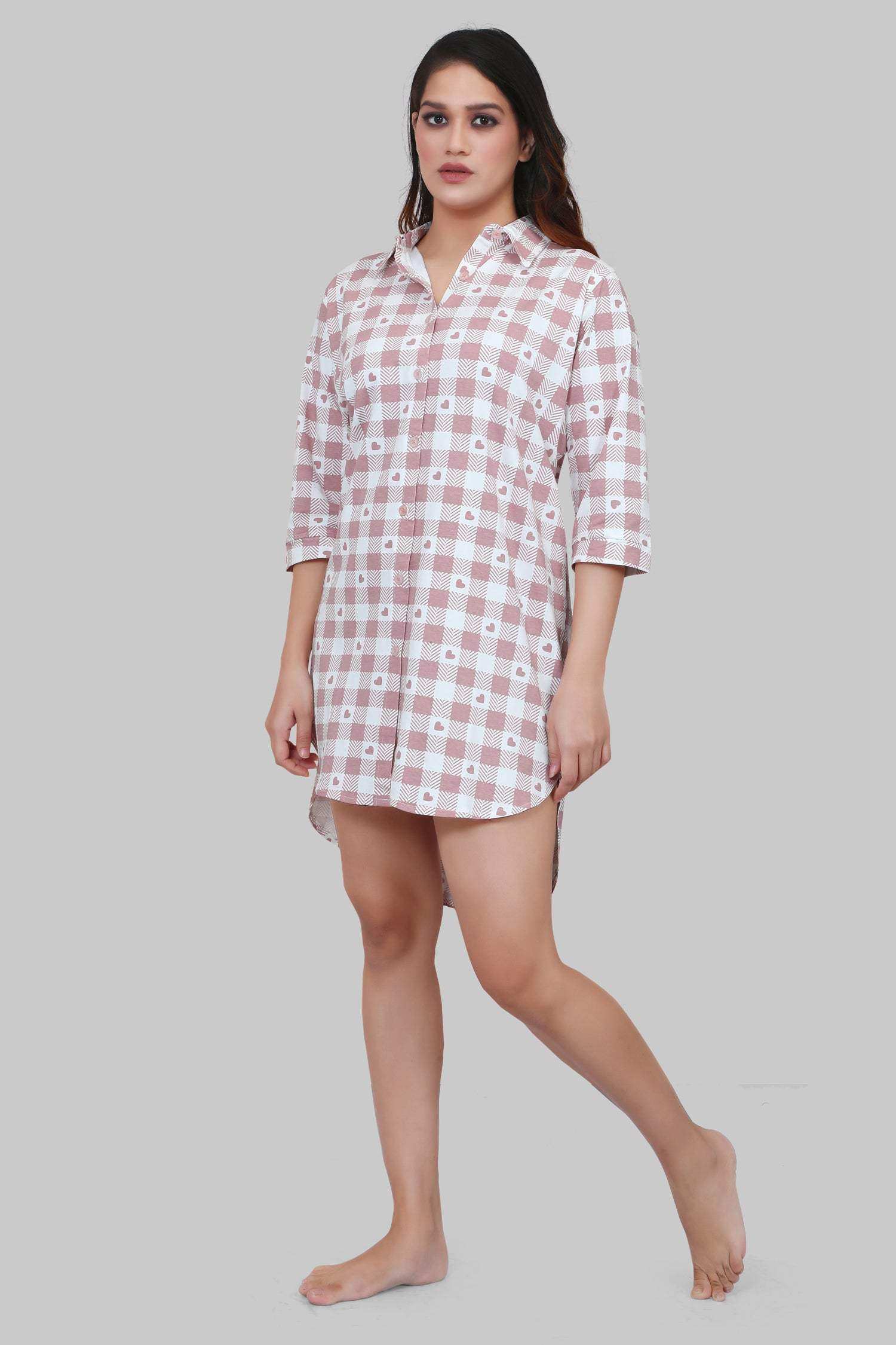 Velure Checked Brown Heart Print Short Night Shirt - Velure - - 3/4 Sleeves, Collar Neck, Cotton, Front Button Open, k, Knee Length