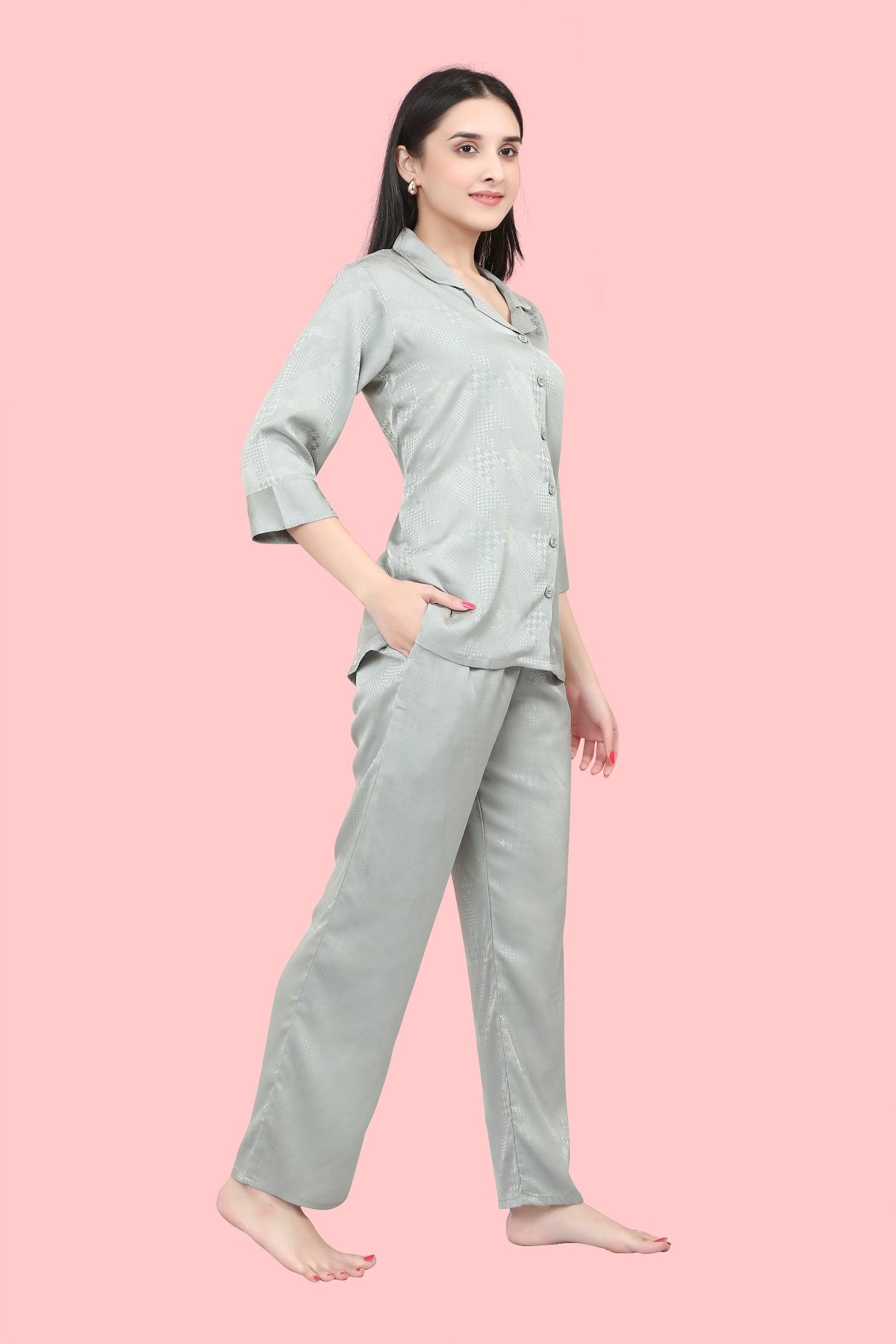 Velure Houndstooth Satin Print Night Suit - Velure - - 3/4 Sleeves, Collar Neck, Front Button Open, Full Length Pant, Satin