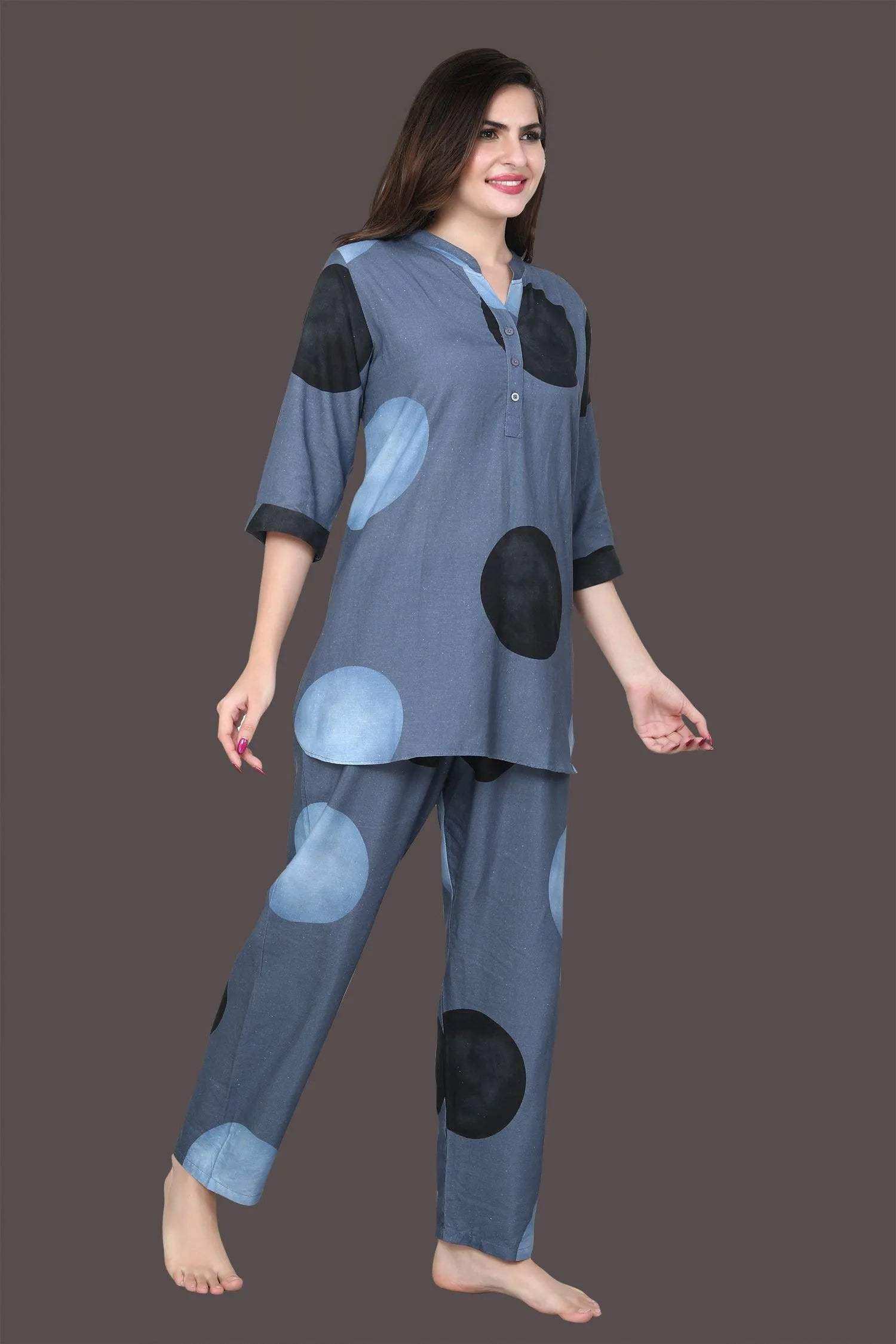 Velure Dazzling Polka Dot Print Kurti Style Night Suit - Velure - - 3/4 Sleeves, Collar Neck, Full Length Pant, Linen, Printed