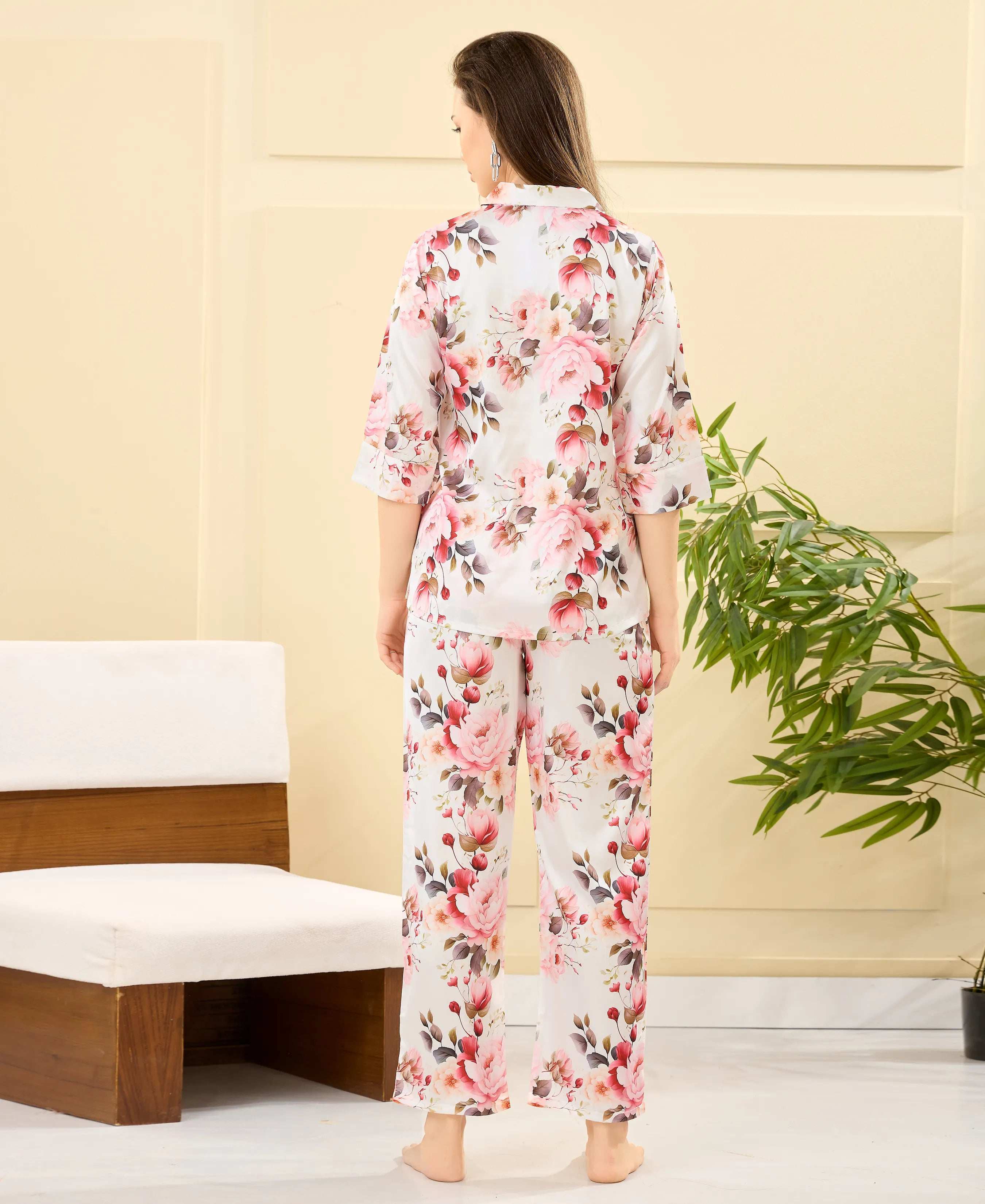 Velure Inspired Ethnic Floral Print Night Suit - Velure - - 3/4 Sleeves, Collar Neck, Floral Print, Front Button Open, Full Length Pant, Satin