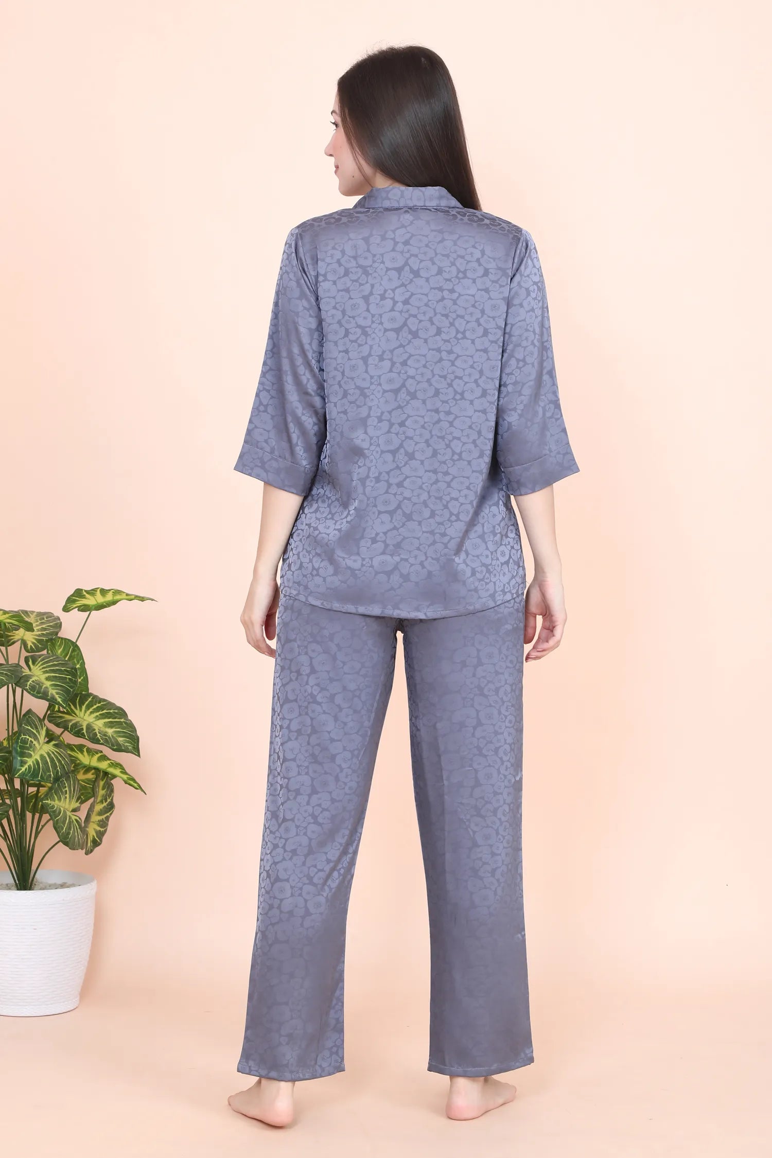 Velure Tropical Floral Print Satin Night Suit - Velure - - 3/4 Sleeves, Collar Neck, Front Button Open, Full Length Pant, Printed, Satin