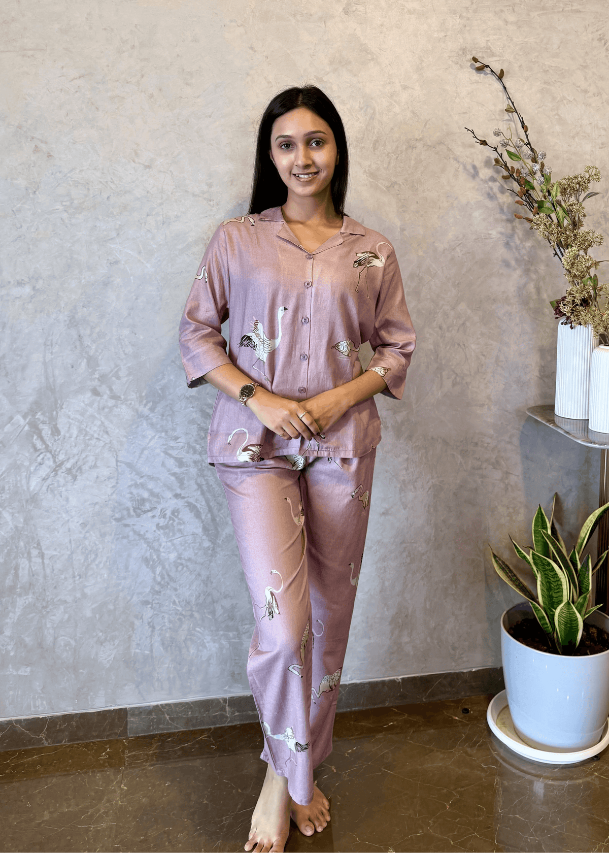 Velure Elegant Brown Flamingo Print Cotton Night Suit