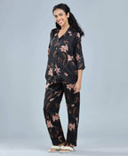 Velure Beautiful Floral Satin Print Night Suit - Velure - - 3/4 Sleeves, Collar Neck, Floral Print, Front Button Open, Full Length Pant, Satin