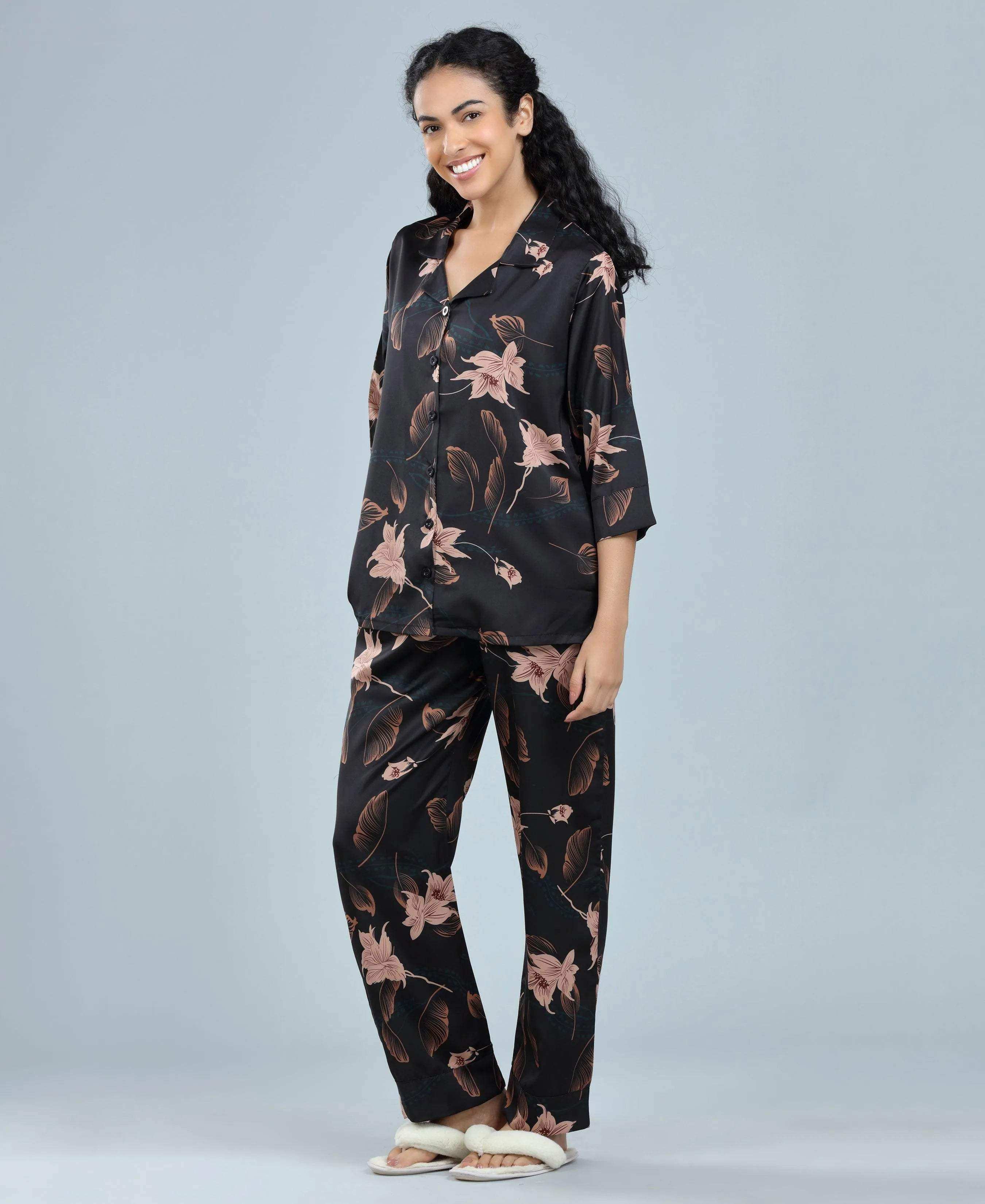 Velure Beautiful Floral Satin Print Night Suit - Velure - - 3/4 Sleeves, Collar Neck, Floral Print, Front Button Open, Full Length Pant, Satin