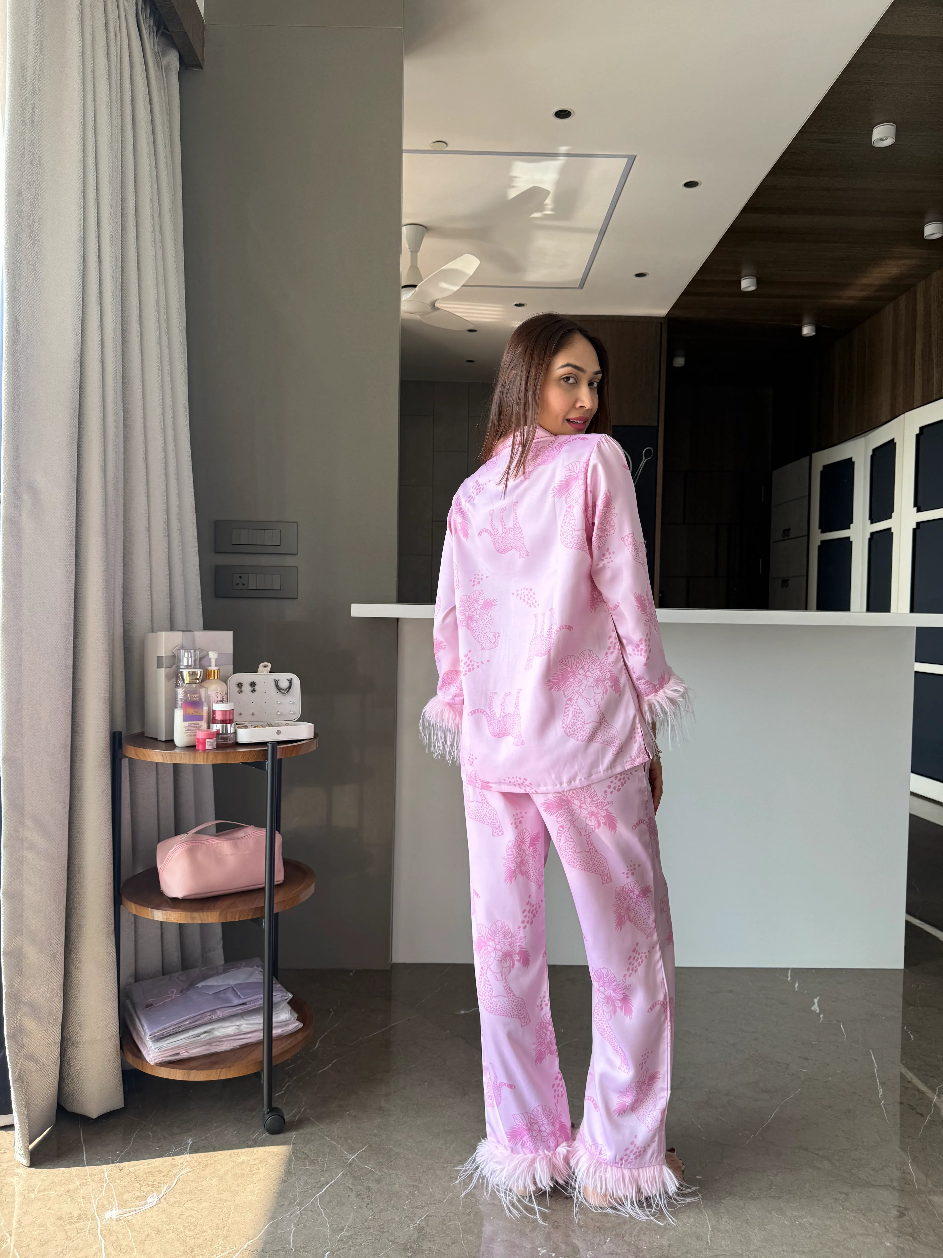 Velure Trendy Cheetah Print Satin Sleepwear Set