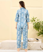 Velure Engaging Floral Print Satin Night Suit - Velure - - 3/4 Sleeves, Collar Neck, Floral Print, Front Button Open, Full Length Pant, Satin