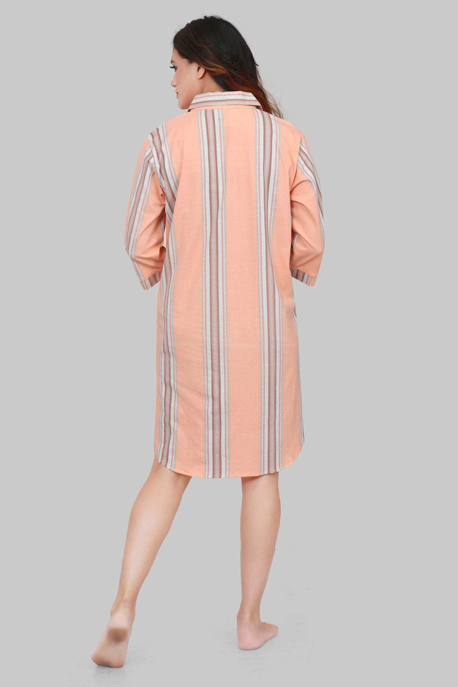 Velure Classic Orange Stripes Short Night Shirt - Velure - - 3/4 Sleeves, Collar Neck, Cotton, Front Button Open