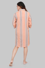 Velure Classic Orange Stripes Short Night Shirt - Velure, Night Shirt, Discover a comfortable and stylish night's sleep with the Velure Classic Orange Stripes Short Night Shirt. This knee-length garment features a collar, front button placket, and half sleeves for a blend of fashion and relaxation. The elegant stripes design adds a refined touch to this sleek nightgown. Order now for ultimate comfort.