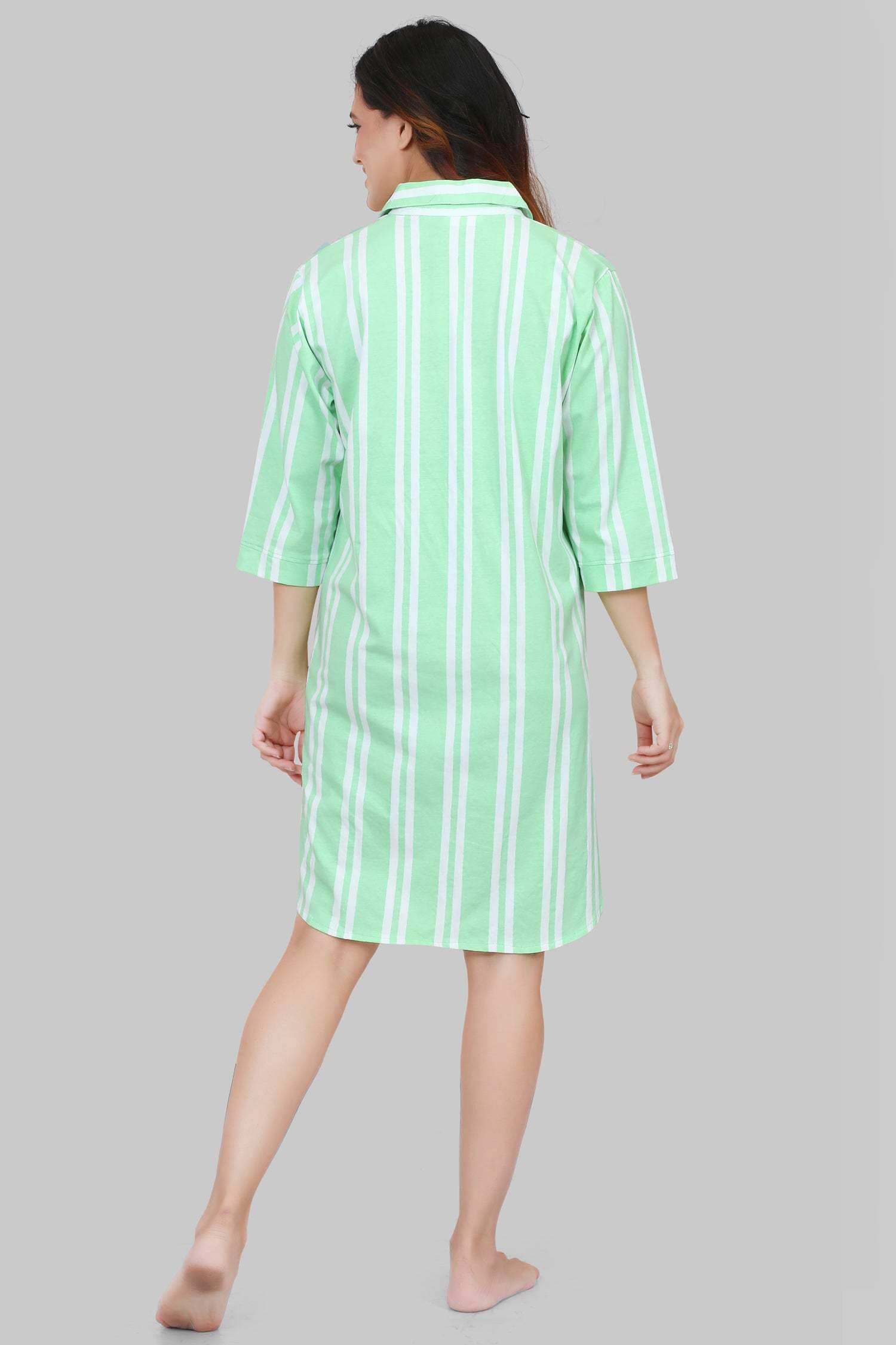 Velure Classic Green Stripes Short Night Shirt - Velure - - 3/4 Sleeves, Collar Neck, Cotton, Front Button Open