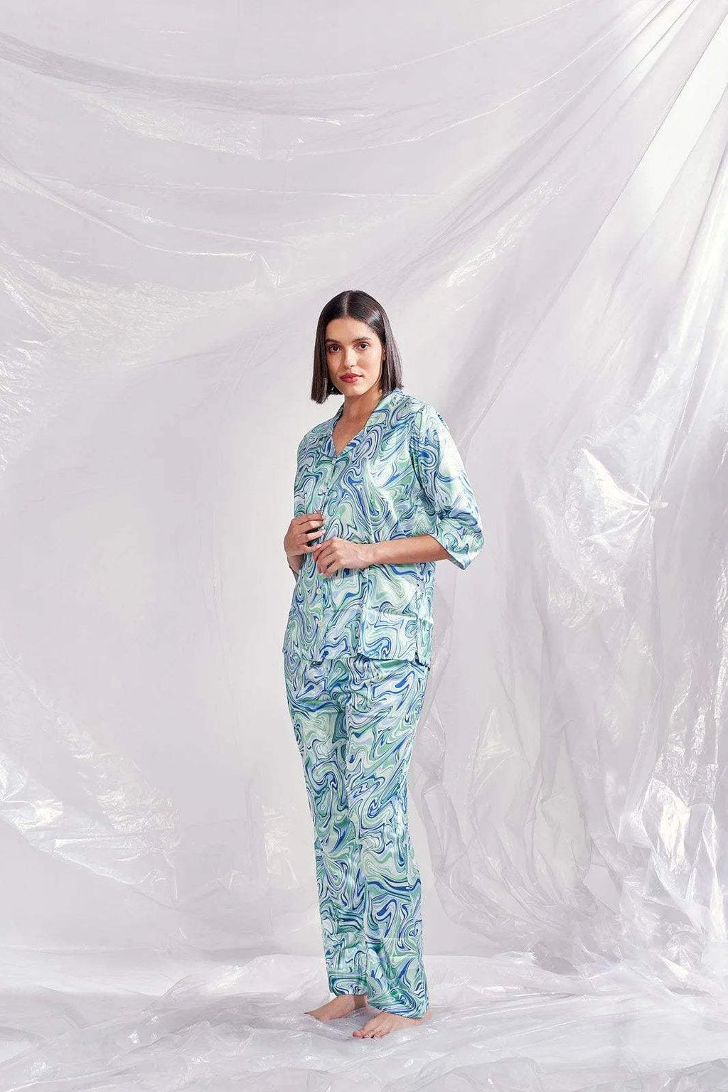 Velure Tellus Swirl Print Satin Co-ord Set - Velure - Shirt and Pant - 3/4 Sleeves, Abstract Print, Collar Neck, Front Button Open, Full Length Pant, Satin