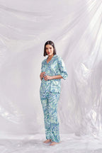 Velure Tellus Swirl Print Satin Co-ord Set - Velure - Shirt and Pant - 3/4 Sleeves, Abstract Print, Collar Neck, Front Button Open, Full Length Pant, Satin