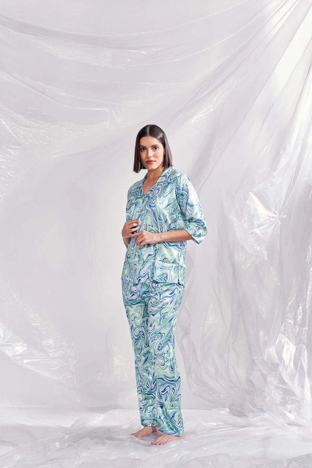 Velure Tellus Swirl Print Satin Co-ord Set - Velure - Shirt and Pant - 3/4 Sleeves, Abstract Print, Collar Neck, Front Button Open, Full Length Pant, Satin