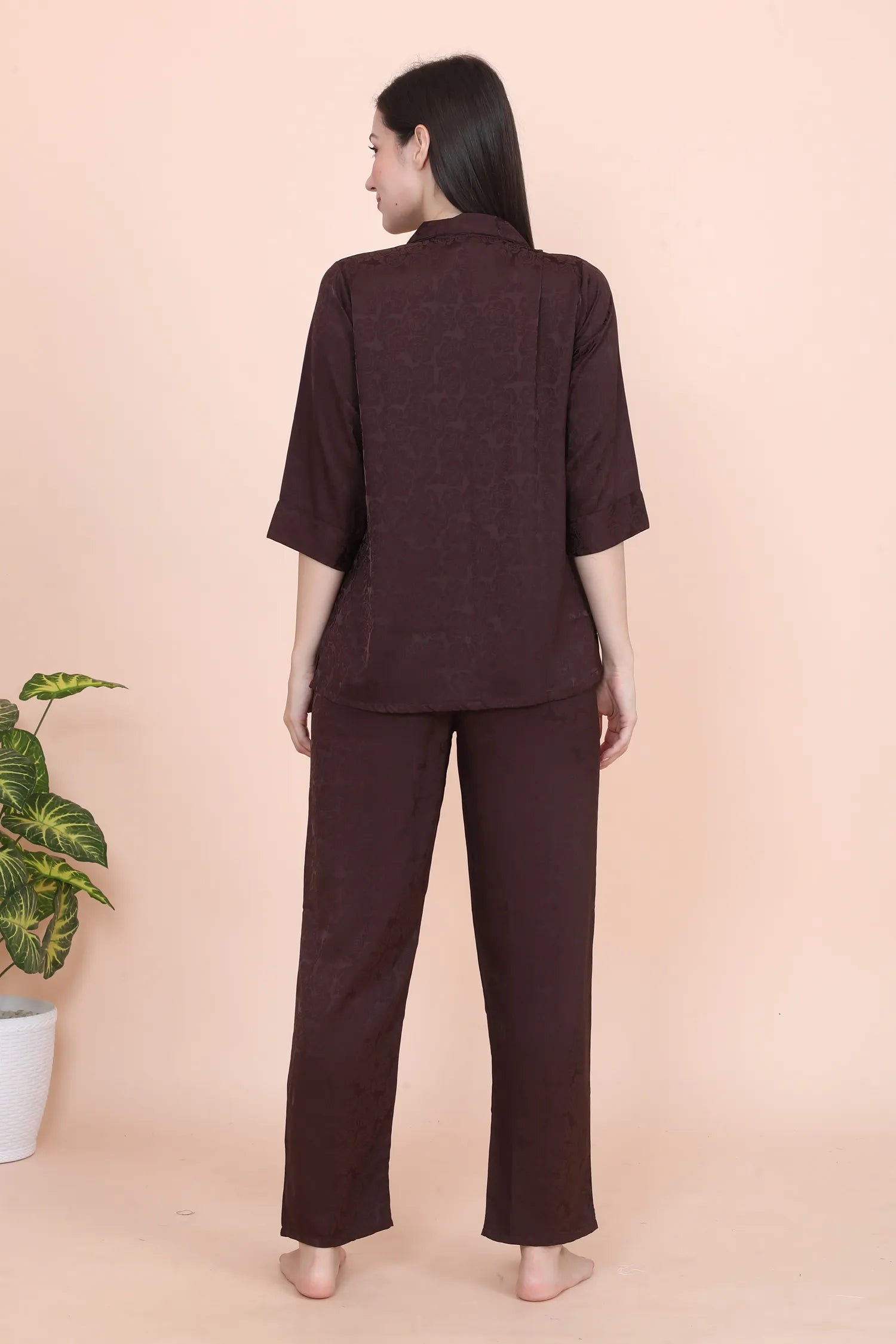 Velure Brown Roses Textured Print Satin Night Suit