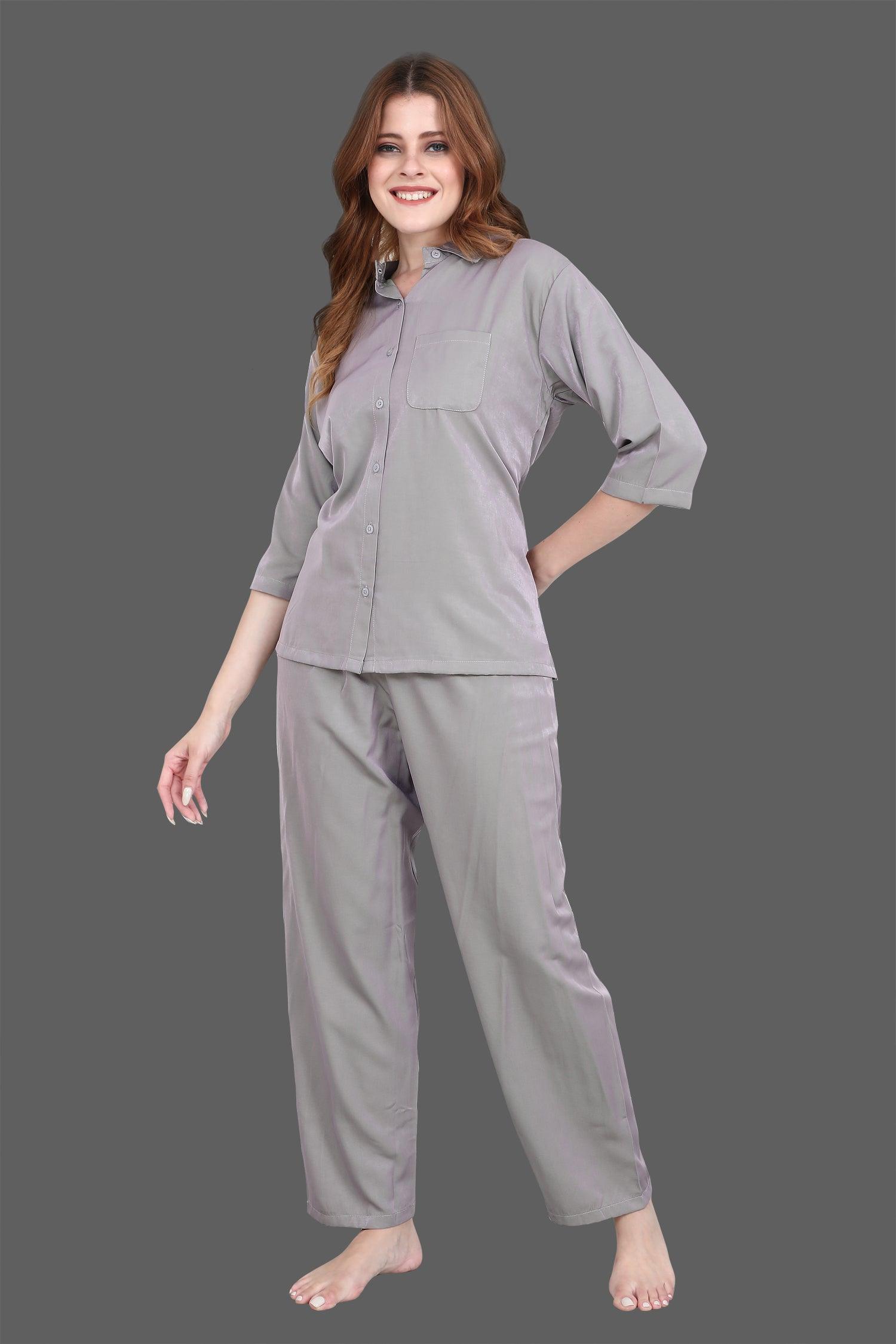 Velure Solid Grey Casual Co-ord Set - Velure - Co-ord Sets - 3/4 Sleeves, Collar Neck, Cotton, Front Button Open, Full Length Pant