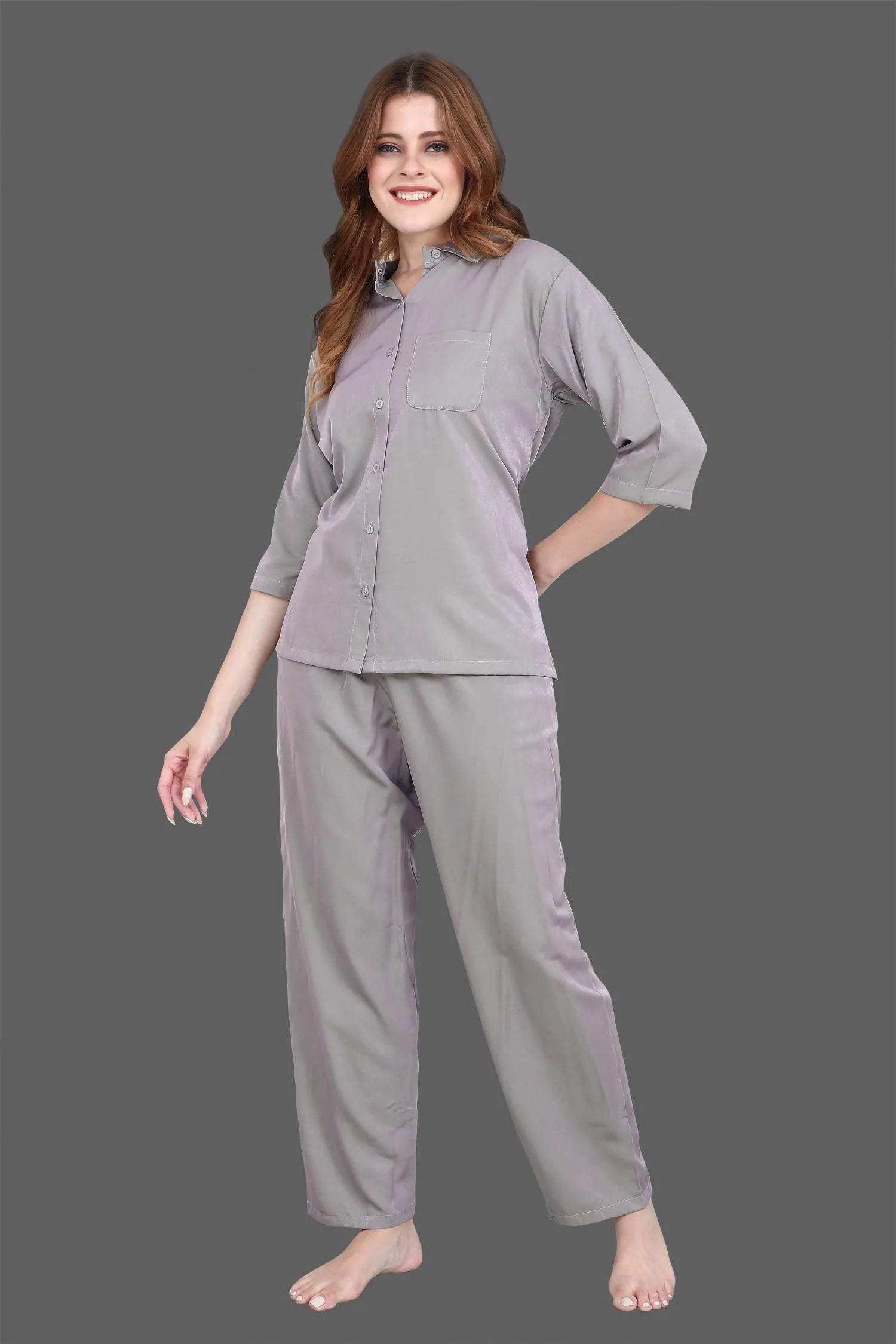 Velure Solid Grey Casual Co-ord Set - Velure - - 3/4 Sleeves, Collar Neck, Cotton, Front Button Open, Full Length Pant